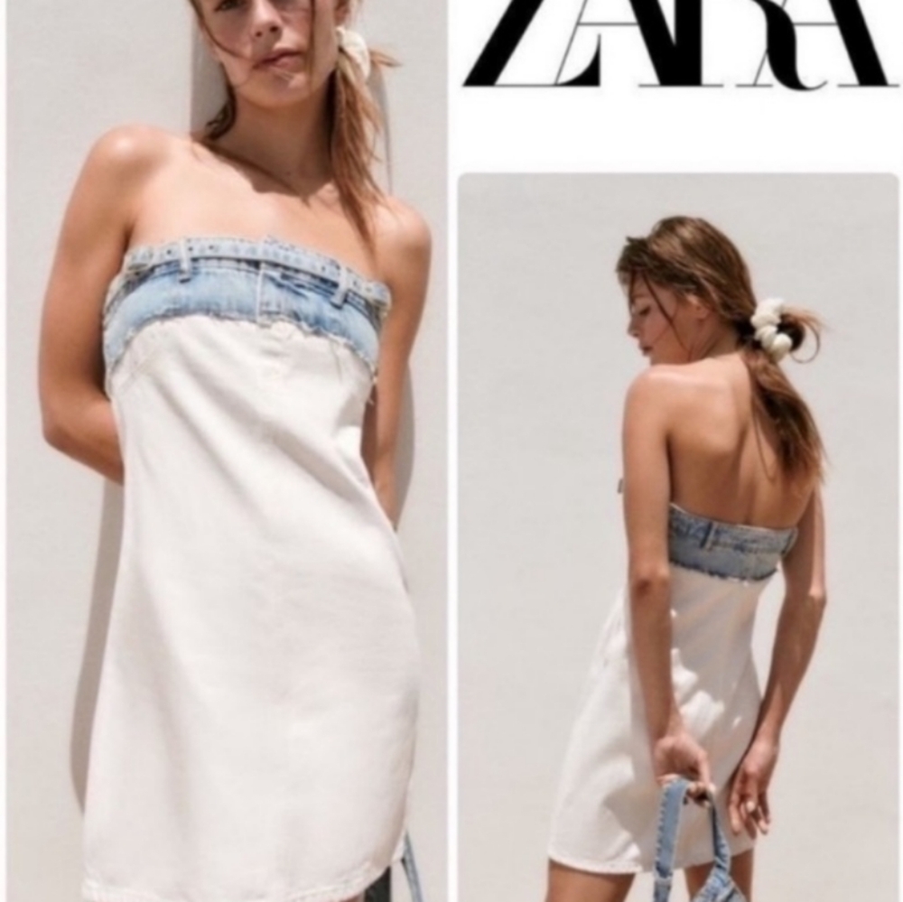 Zara Denim and White Strapless dress NWT size Med